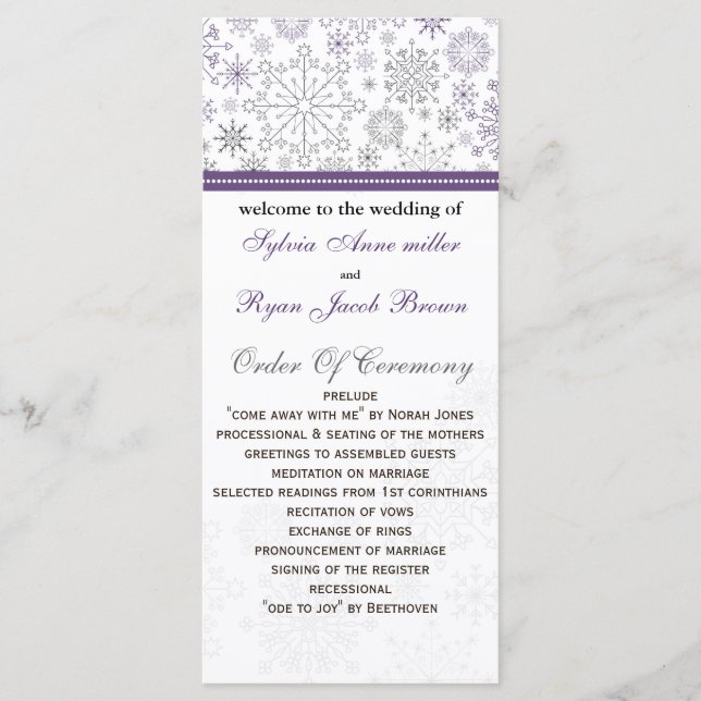 purple grey snowflake mod winter Wedding program Programme (Front)