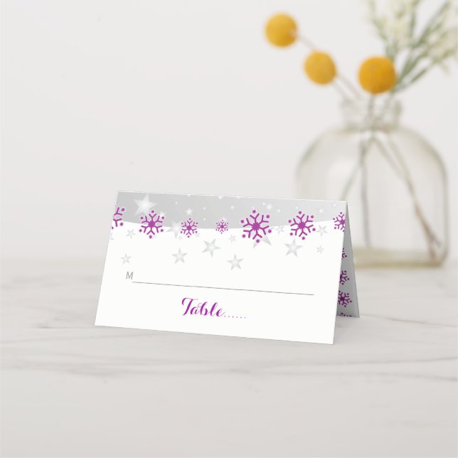 Purple grey snowflake winter wedding folded escort place card (Front)
