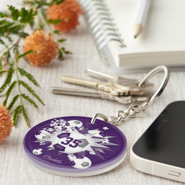 Purple grey soccer ball blowout athlete name  key ring (Front Right)
