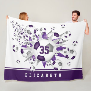 Purple grey soccer balls stars athlete sports room fleece blanket