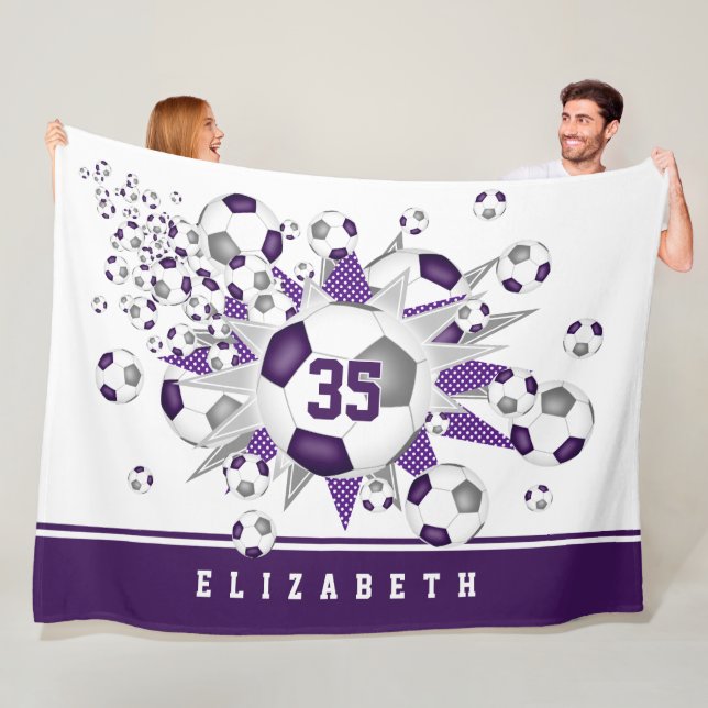 Purple grey soccer balls stars athlete sports room fleece blanket (In Situ)