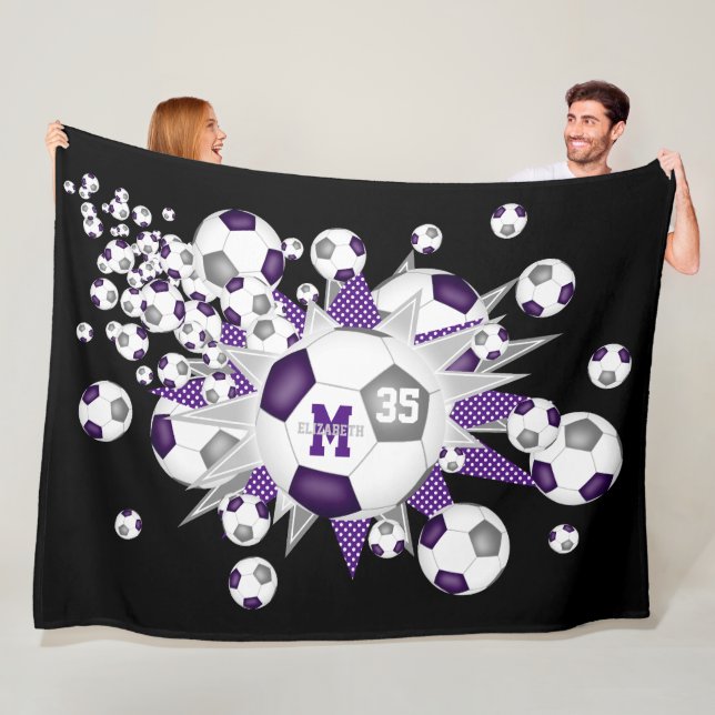 Purple grey soccer balls stars athlete sports room fleece blanket (In Situ)