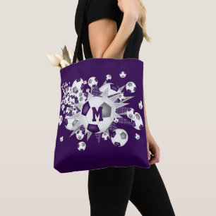 Purple grey soccer balls stars monogrammed tote bag
