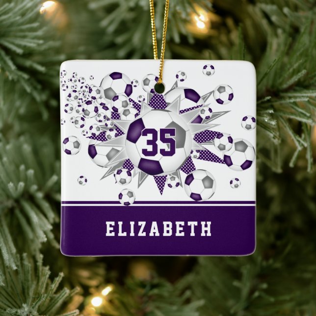 Purple grey soccer balls stars personalised  ceramic ornament (Tree)