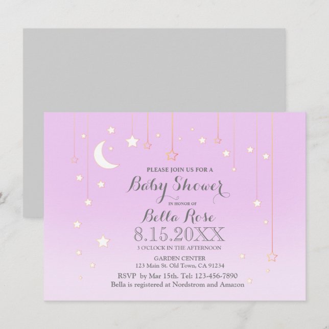Purple grey star moon baby girl baby shower invite (Front/Back)