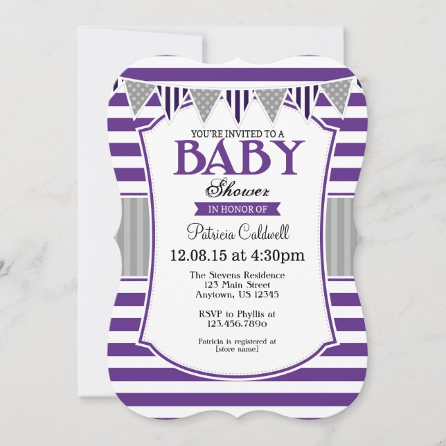 Purple Grey Stripes Baby Shower Invitation (Front)
