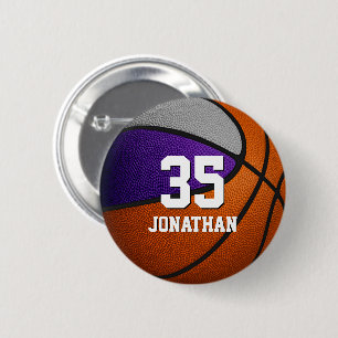 Purple grey team colours basketball boy girl name  6 cm round badge