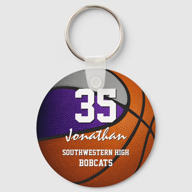Purple grey team colours boys girls basketball key ring (Front)