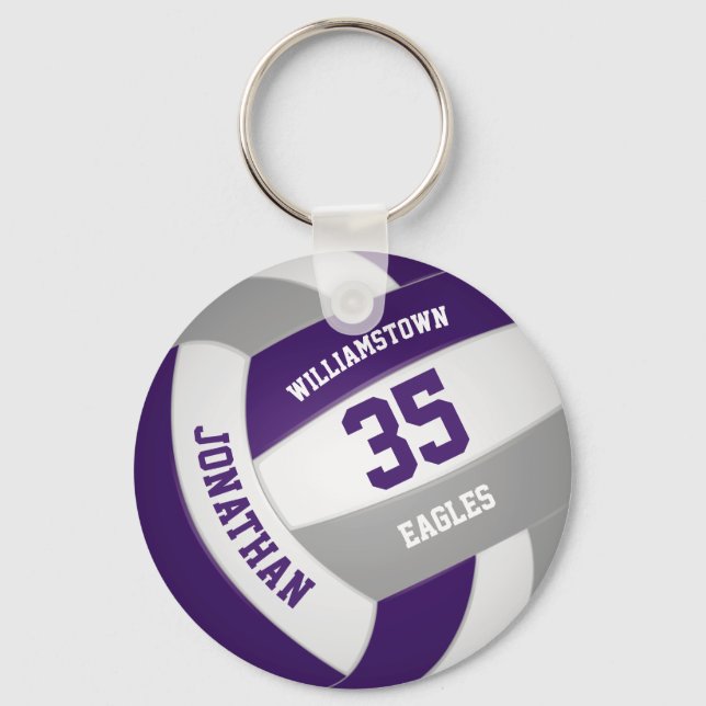 purple grey team colours boys girls volleyball key ring (Front)
