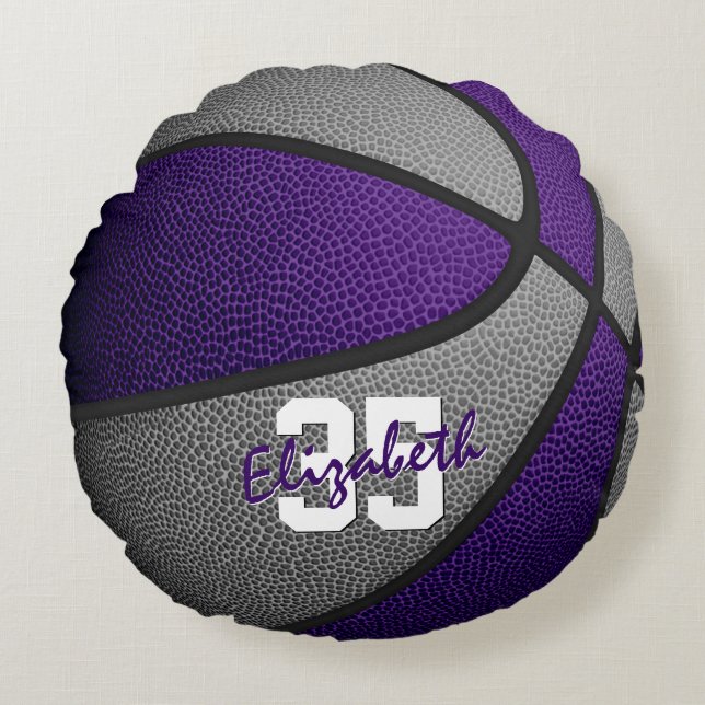 purple grey team colours girls boys basketball round cushion (Front)