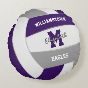 purple grey team colours kids volleyball round cushion