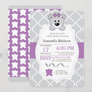 Purple & Grey Teddy Bear Baby Shower Invitation