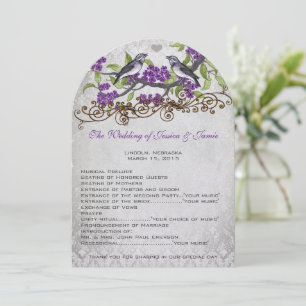 Purple & Grey Vintage Birds Damask Wedding Invite