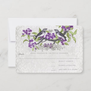 Purple & Grey Vintage Birds Damask Wedding RSVP Card