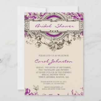 Purple Grey Vintage Floral Bridal Shower Invitation
