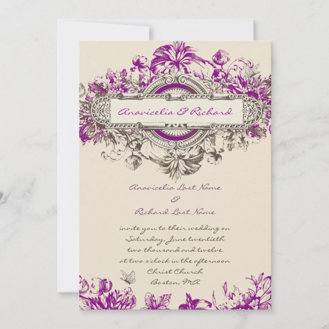 Purple Grey Vintage Floral Wedding Invitation (Front)