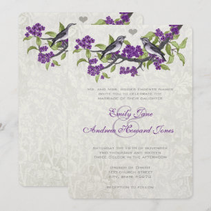 Purple & Grey Vintage Love Birds Wedding Invite