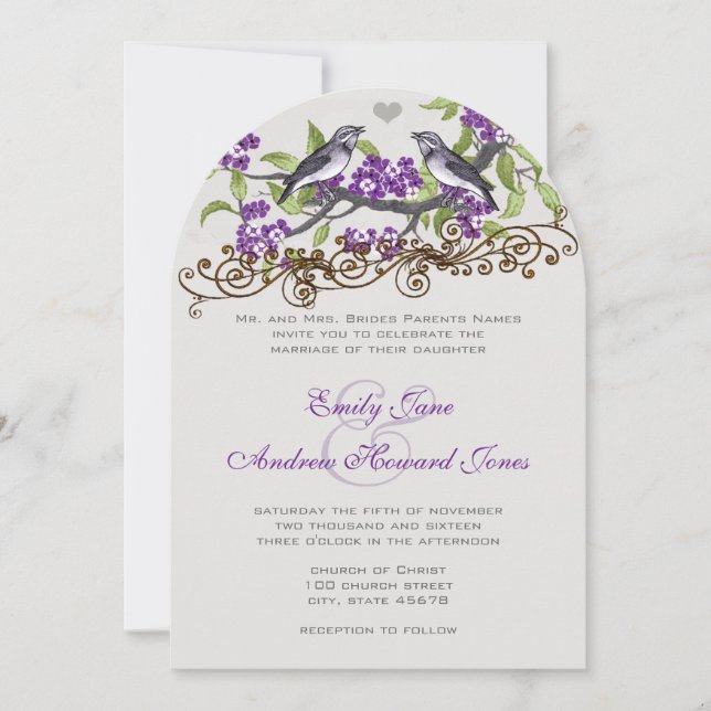 Purple & Grey Vintage Love Birds Wedding Invite (Front)