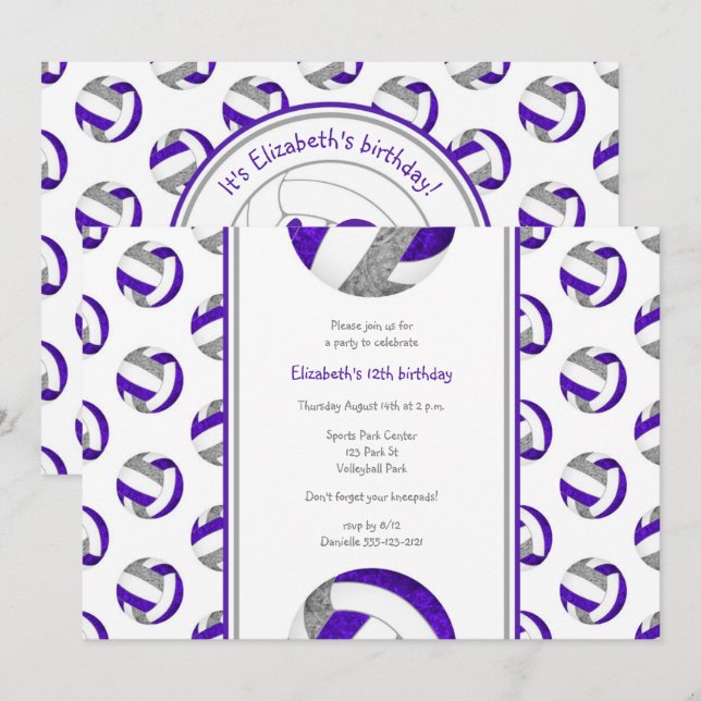 purple grey volleyball girl's birthday party invitation (Front/Back)