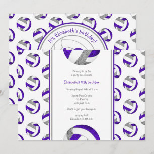 purple grey volleyball girl's birthday party invitation