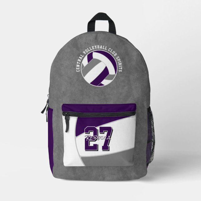 purple grey volleyball team colours team name printed backpack (Front)