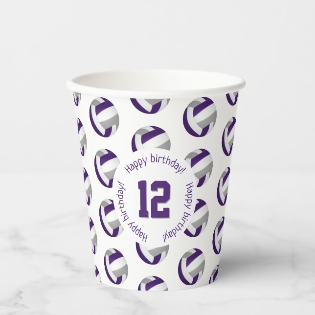 purple grey volleyballs birthday party paper cups (Front)