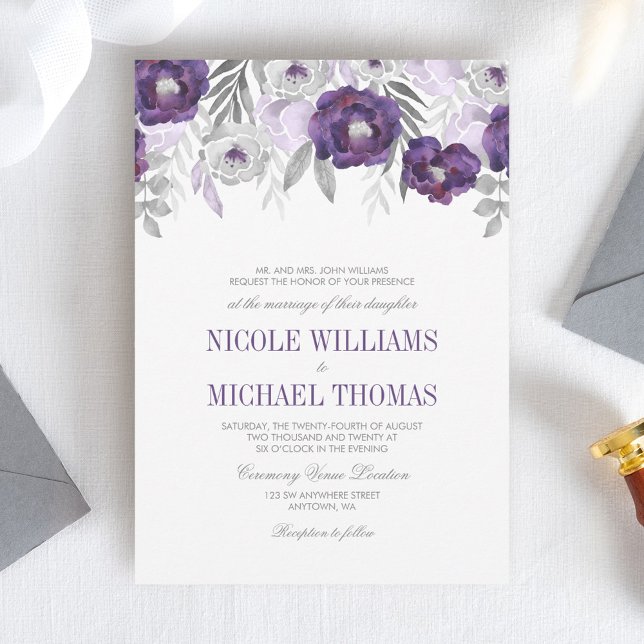 Purple Grey Watercolor Flowers Wedding Invitations (Creator Uploaded)