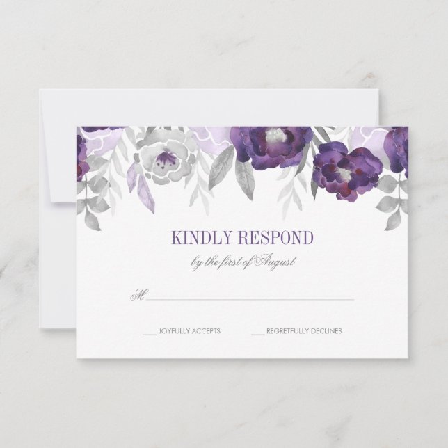 Purple Grey Watercolor Flowers Wedding RSVP (Front)