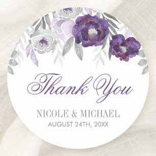 Purple Grey Watercolor Flowers Wedding Thank You Classic Round Sticker