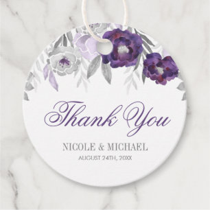 Purple Grey Watercolor Flowers Wedding Thank You Favour Tags