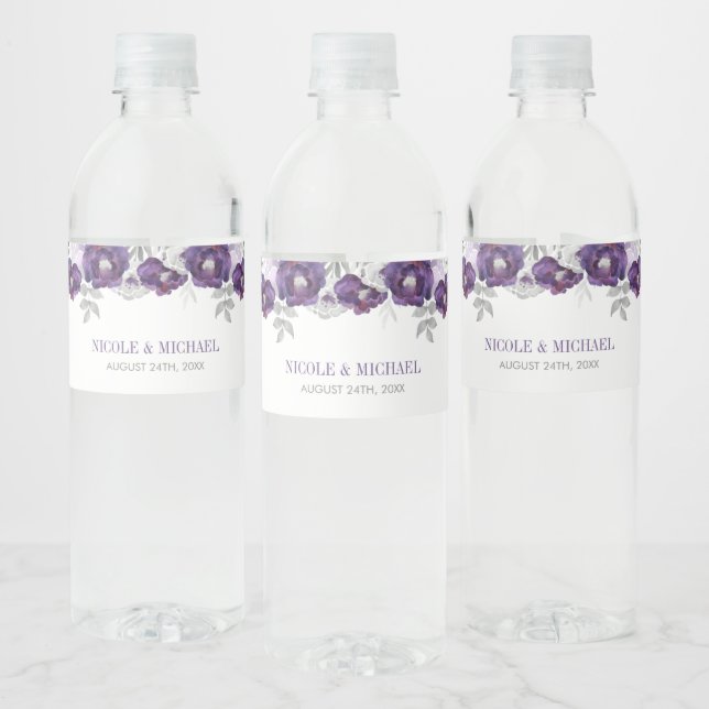Purple Grey Watercolor Flowers Wedding Water Bottle Label (Bottles)