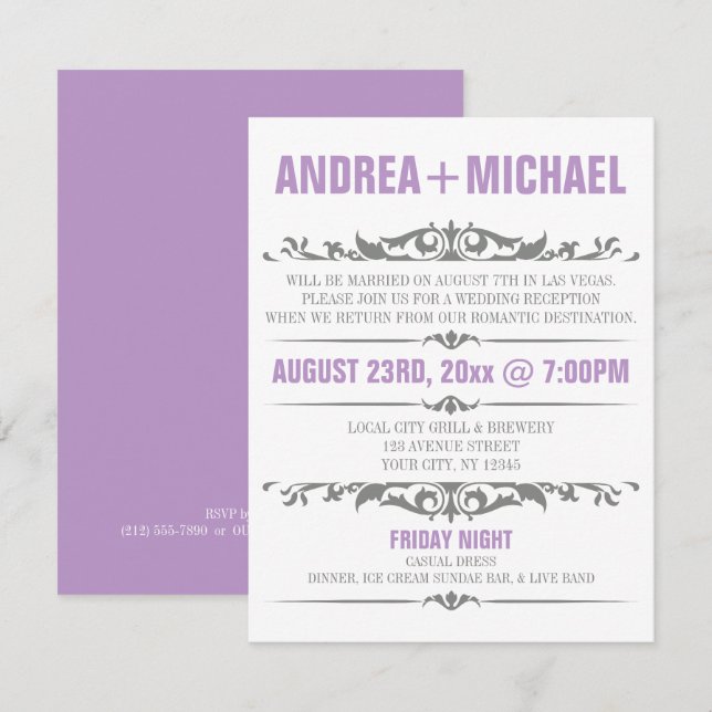 Purple & Grey Wedding Reception ONLY Invitations (Front/Back)