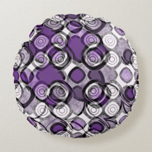 Purple Grey White Abstract Black Circles Round Cushion