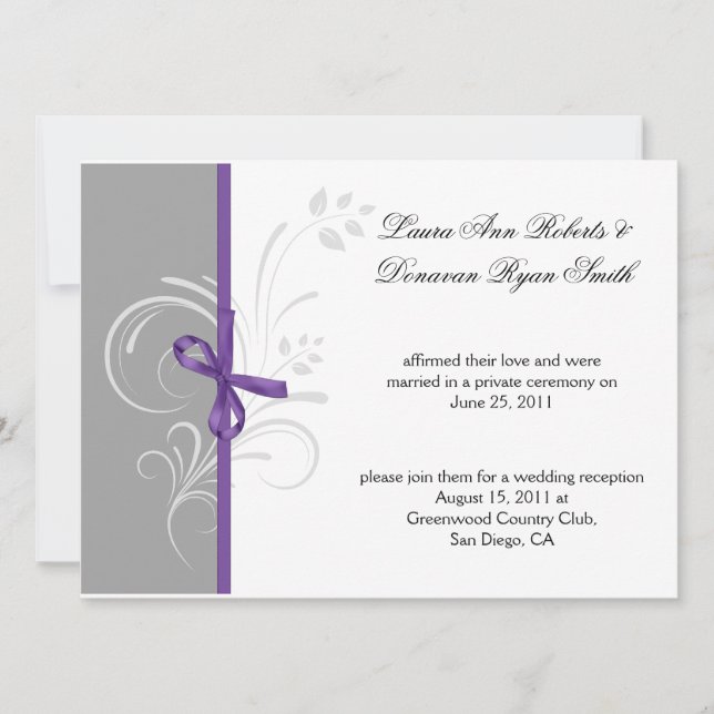 Purple Grey White Floral Swirls Post Weddi Invitation (Front)