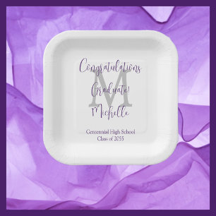 Purple Grey White Monogrammed Graduation Party Paper Plate