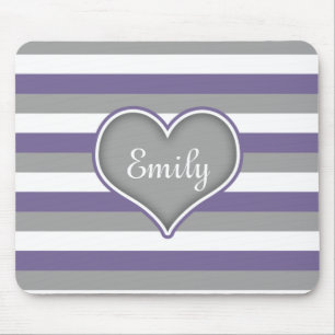 Purple Grey White Stripes & Heart Mouse Mat