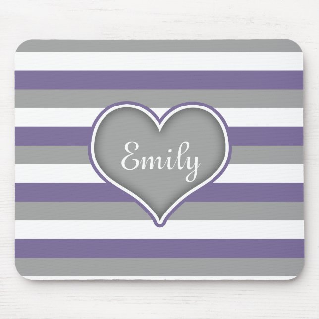 Purple Grey White Stripes & Heart Mouse Mat (Front)