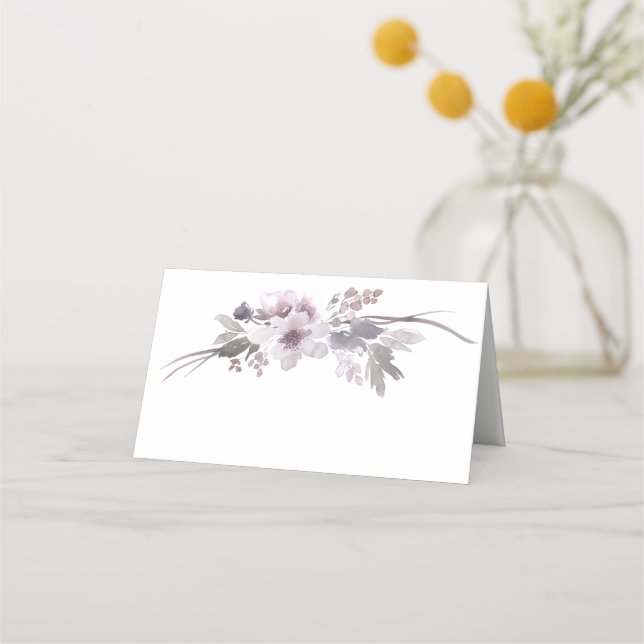 Purple Grey Winter Floral Wedding Engagement Place Card (Front)