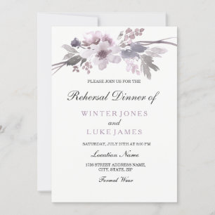 Purple Grey Winter Floral Wedding Rehearsal Dinner Invitation