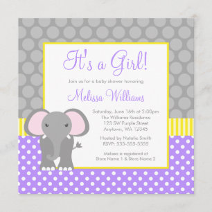 Purple Grey Yellow Elephant Girl Baby Shower Invitation