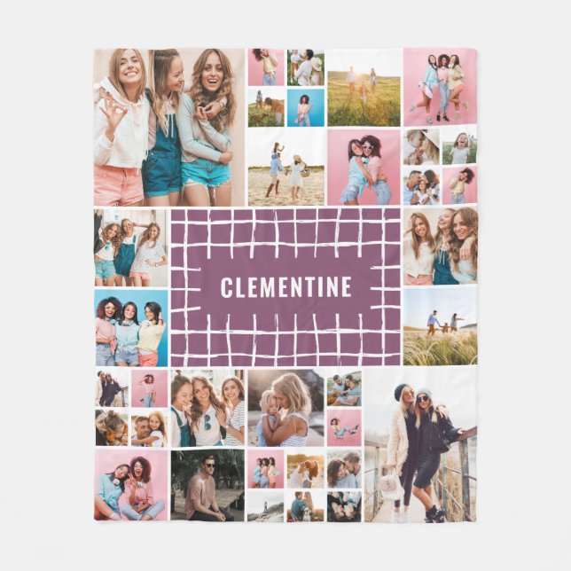 Purple grid 34 photo modern minimal stylish fleece blanket (Front)