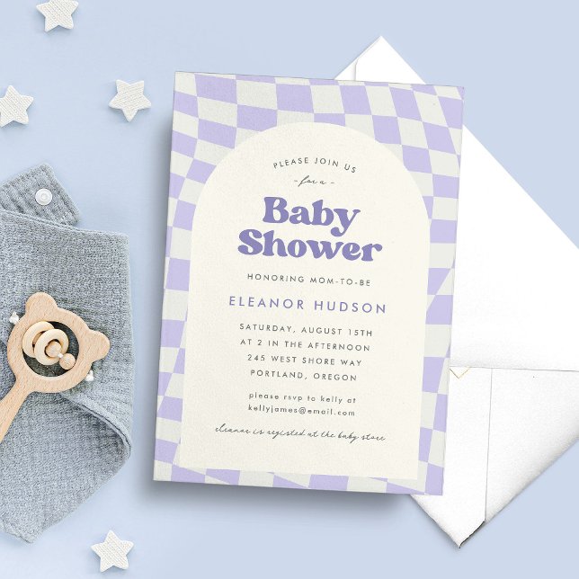 Purple Groovy 70s Chequerboard Baby Shower Invitation (groovy baby shower invitation with wavy checkerboard pattern in lilac)