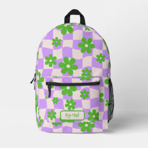 Purple Groovy Daisy Floral Chequerboard Printed Backpack