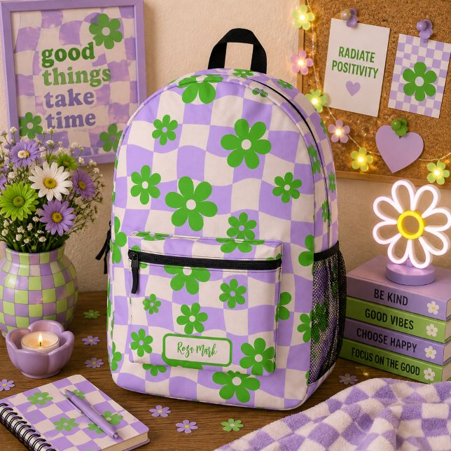 Purple Groovy Daisy Floral Chequerboard Printed Backpack (Creator Uploaded)