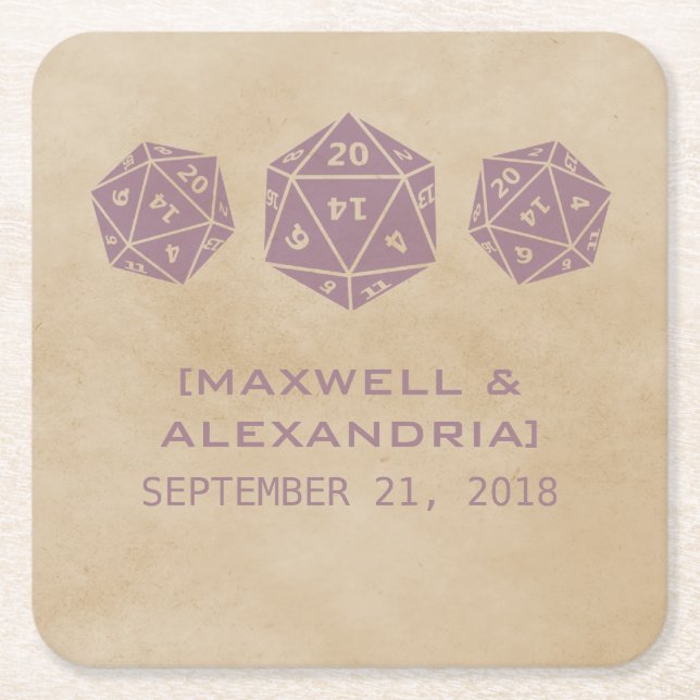 Purple Grunge D20 Dice Gamer Paper Coasters (Front)