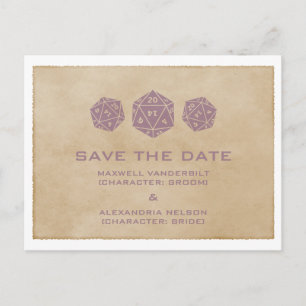 Purple Grunge D20 Dice Save the Date Postcard