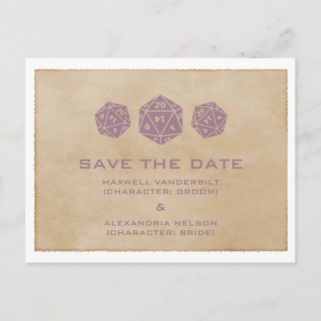 Purple Grunge D20 Dice Save the Date Postcard (Front)