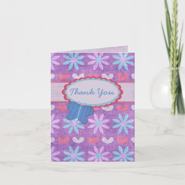 Purple Grunge Daisies and Butterfly Thank You Card (Front)