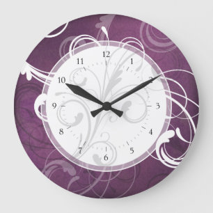 Purple Grunge Damask Elegant Swirls Large Clock