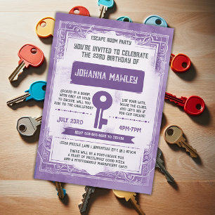 Purple Grunge Escape Room Key Birthday Party Invitation